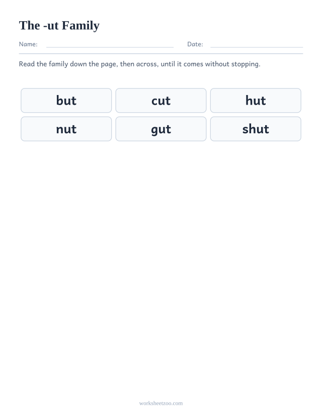 Word family chart for -ut showing but, cut, hut, nut, gut, shut