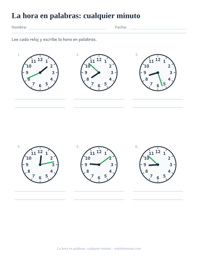 Ficha para escribir en palabras cualquier minuto de la hora sobre líneas pautadas