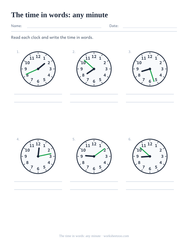 Telling time worksheet for writing any minute of the hour in words on ruled lines