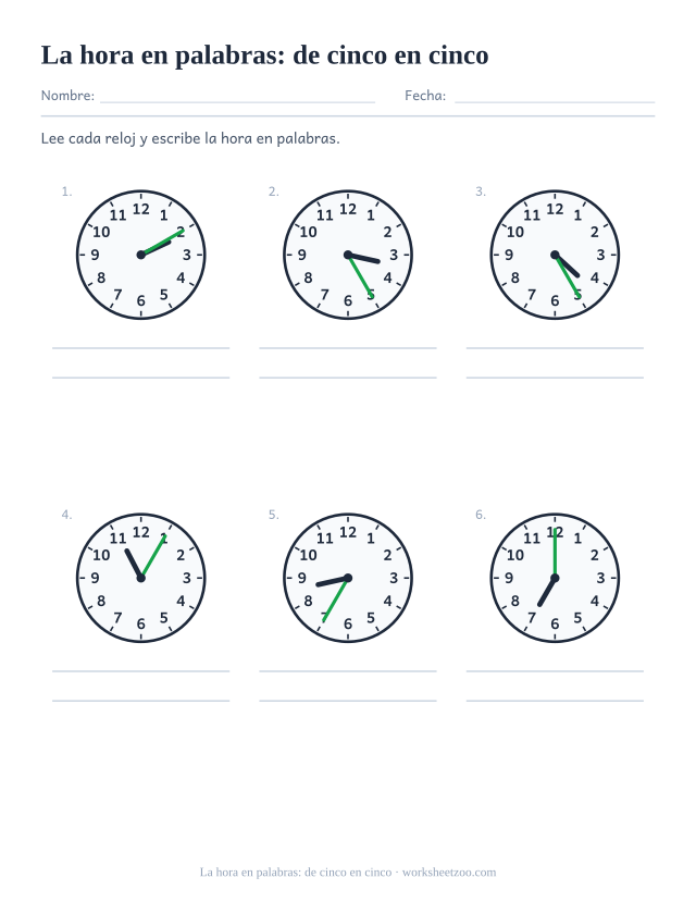 Ficha para escribir en palabras horas de cinco en cinco, como y veinte