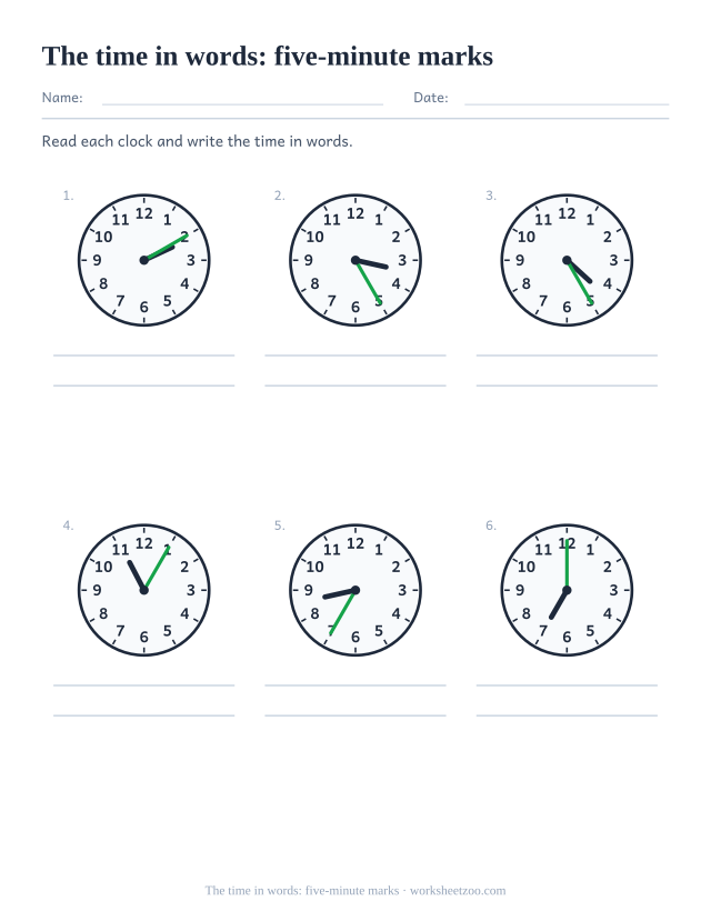Telling time worksheet for writing five-minute times such as twenty past in words