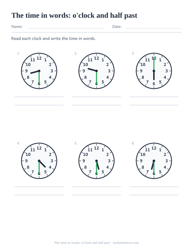 Telling time worksheet for writing o'clock and half past times out in words on ruled lines