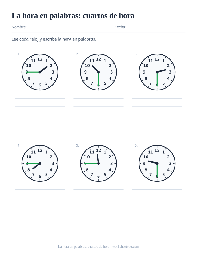 Ficha para escribir en palabras las horas y cuarto y menos cuarto