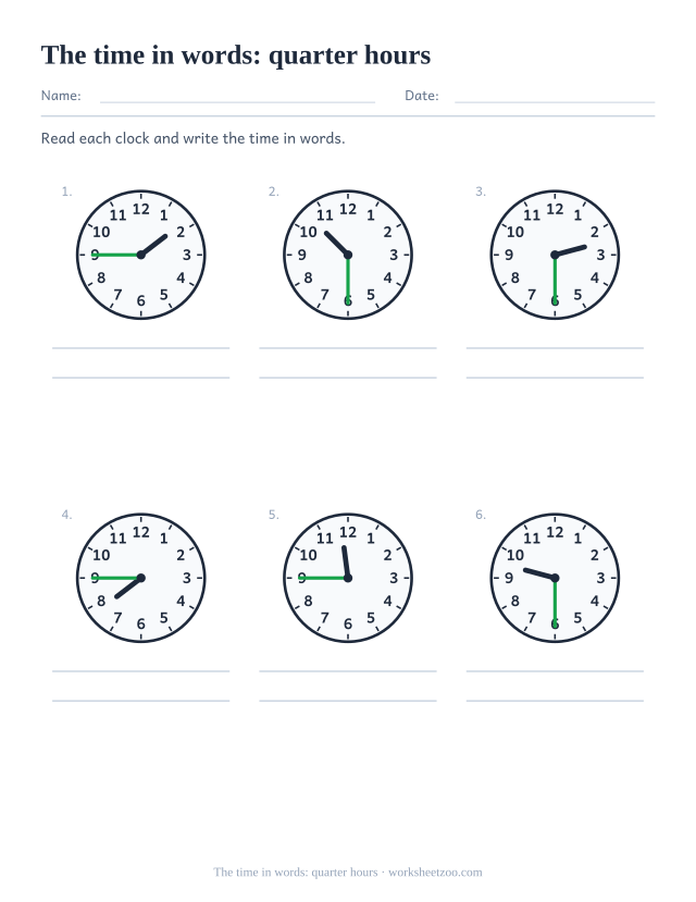 Telling time worksheet for writing quarter past and quarter to times in words